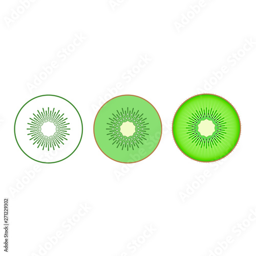 Kiwi icon set, colorful half and slice. Fresh cartoon kiwi isolated on white background