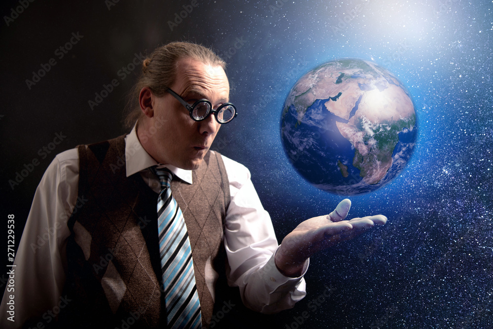 Funny scientist looking to universe and planet earth