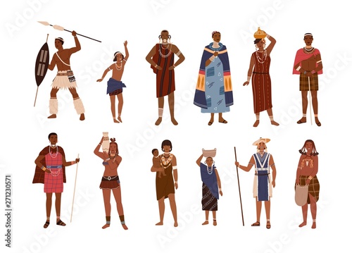 Collection of aboriginal or indigenous people of Africa dressed in ethnic clothes isolated on white background. Set of men, women and children from African tribes. Flat cartoon vector illustration. photo