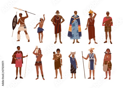 Collection of aboriginal or indigenous people of Africa dressed in ethnic clothes isolated on white background. Set of men, women and children from African tribes. Flat cartoon vector illustration.