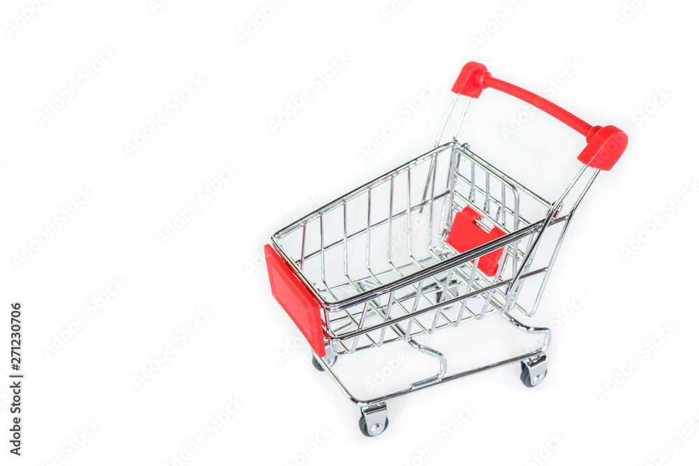 red shopping cart on white background.