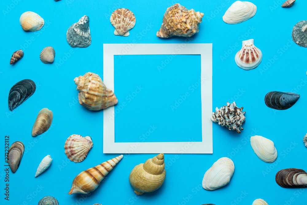 Obraz premium Summer frame. Paper frame for your text and seashells on a gentle blue background. top view