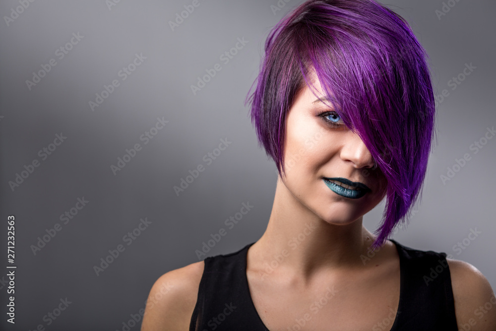 Fashion Woman Purple Short Hair Gray Background Fashion Woman Purple Short Hair Gray Background