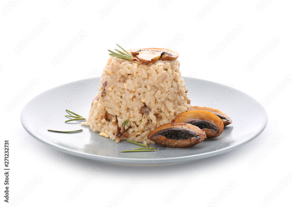 Plate with tasty risotto on white background