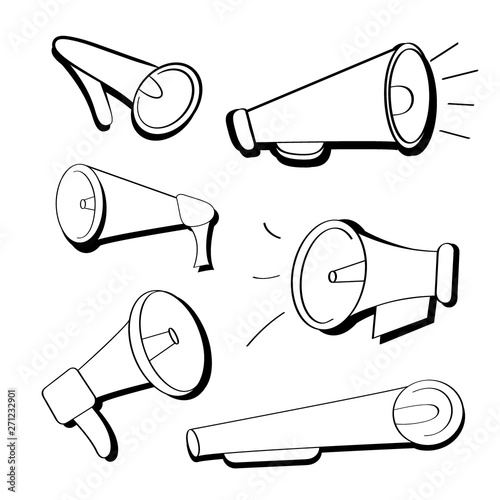 Set of black and white flat icons of mouthpieces, loudspeakers in cartoon style. Megaphones isolated on white background. Pop art comic vector illustration. Bullhorns icons.
