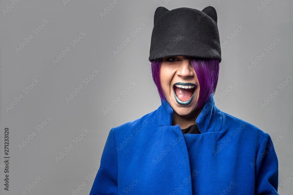 Fashionable Woman Hat Laughing Gray Background