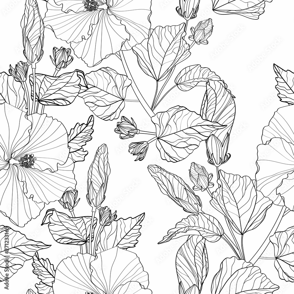 Decorative seamless pattern with hand-drawn line black and white Tropical hibiscus flowers and leaves.