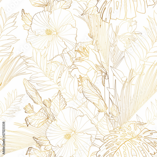 Fototapeta Naklejka Na Ścianę i Meble -  Tropical exotic floral golden line palm leaves and hibiscus flowers seamless pattern, White background. Exotic jungle wallpaper. 