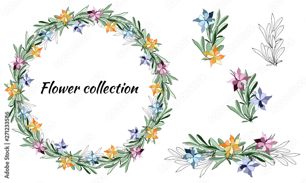 Set of vintage floral patterns. Vector wreath of colorful flowers and green leaves. Vector brush for decorating cards, designer greetings