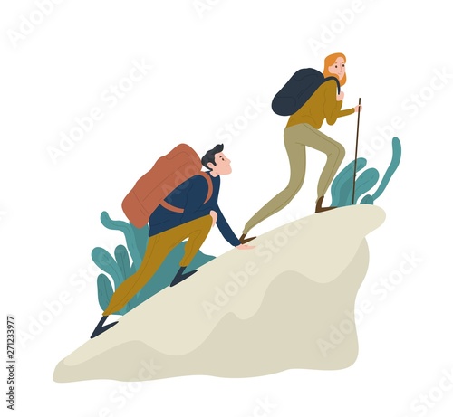 Cute romantic couple climbing up cliff or mountain. Pair of funny hikers, tourists or climbers isolated on white background. Happy boy and girl hiking or trekking. Flat cartoon vector illustration.