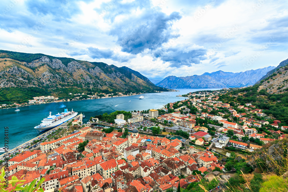 Panoramic view of old town Kotor, Montenegro in stormy day.