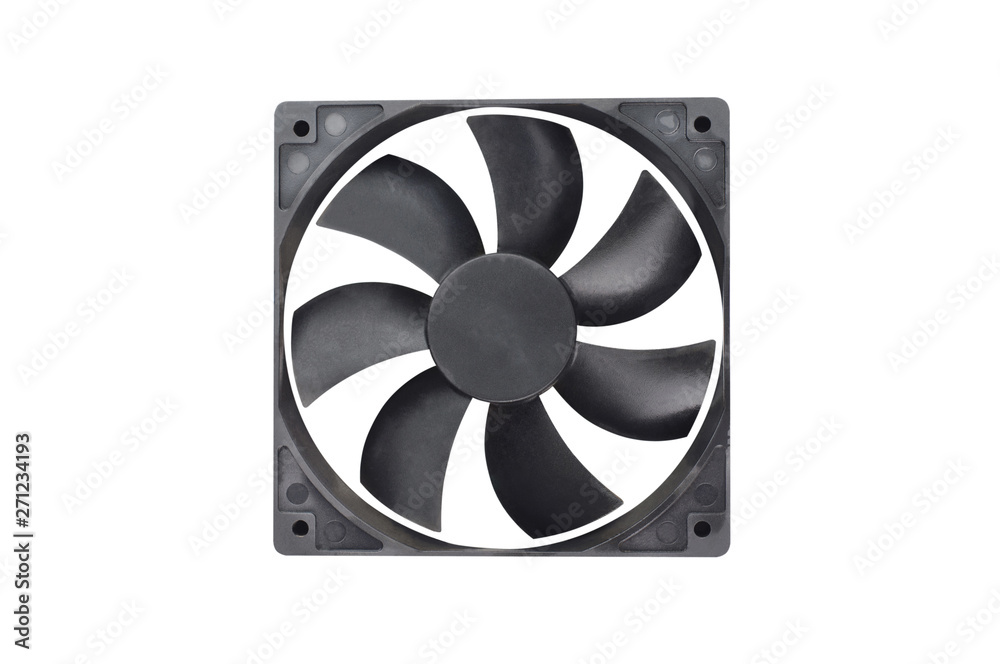 One black plastic fan for desktop computer or notebook for cooling processor and other components isolated on white background
