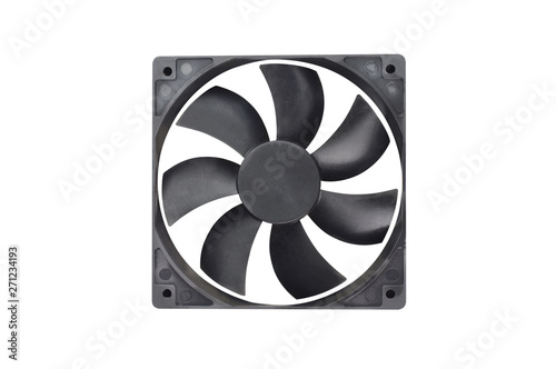 One black plastic fan for desktop computer or notebook for cooling processor and other components isolated on white background