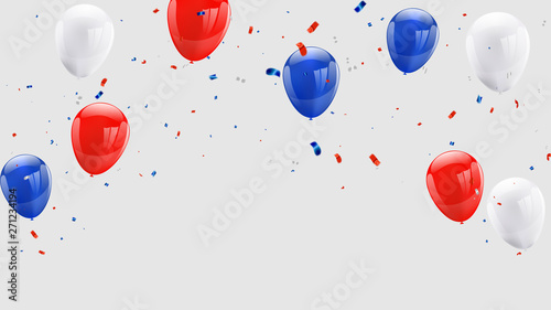Celebration background template with balloons confetti and red and blue ribbons.