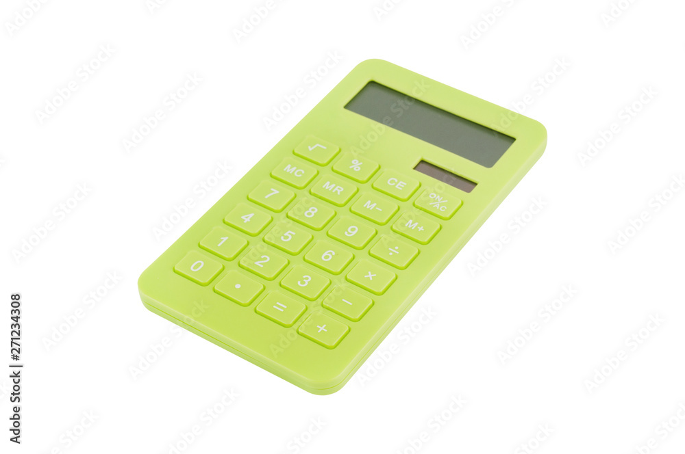 Single green plastic calculator for accounting with solar cells for autonomous work from sunshine isolated on white background Single green plastic calculator for accounting with solar cells for autonomous work from sunshine isolated on white background