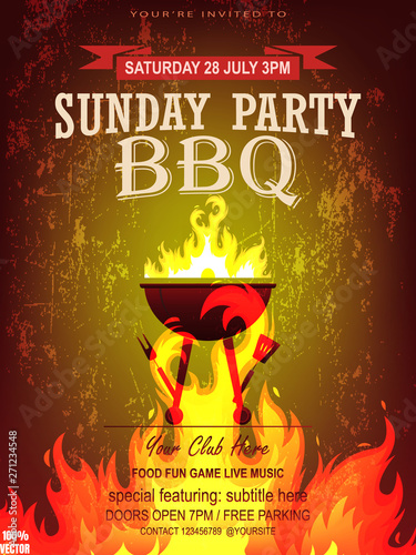 BBQ party invitation template with realistic fire on colorful. Summer Barbecue weekend flyer. Grill illustration with food sketches elements. Vector design for celebration, invitation, greeting card.