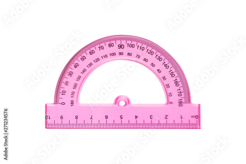 One plastic pink protractor with degrees and digits for education or work isolated on white background. Top view