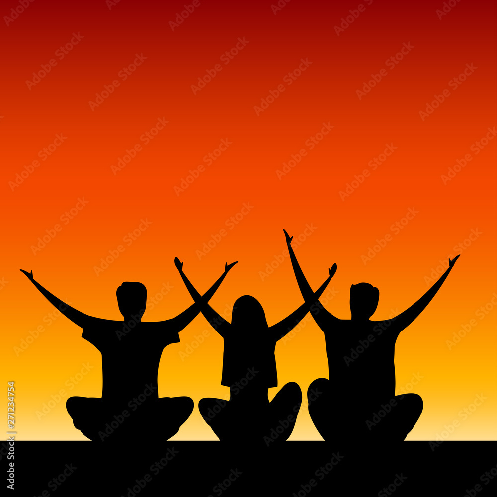 seated group of people with their hands up. Prayer or greeting dawn. Gesture of openness. Vector illustration