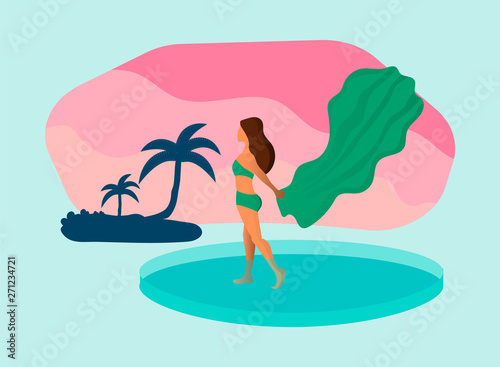 Summer vector illustration with girl dressed in the green swim suit holding a palatine. Wind, sea beach, sunset. Warm coast.