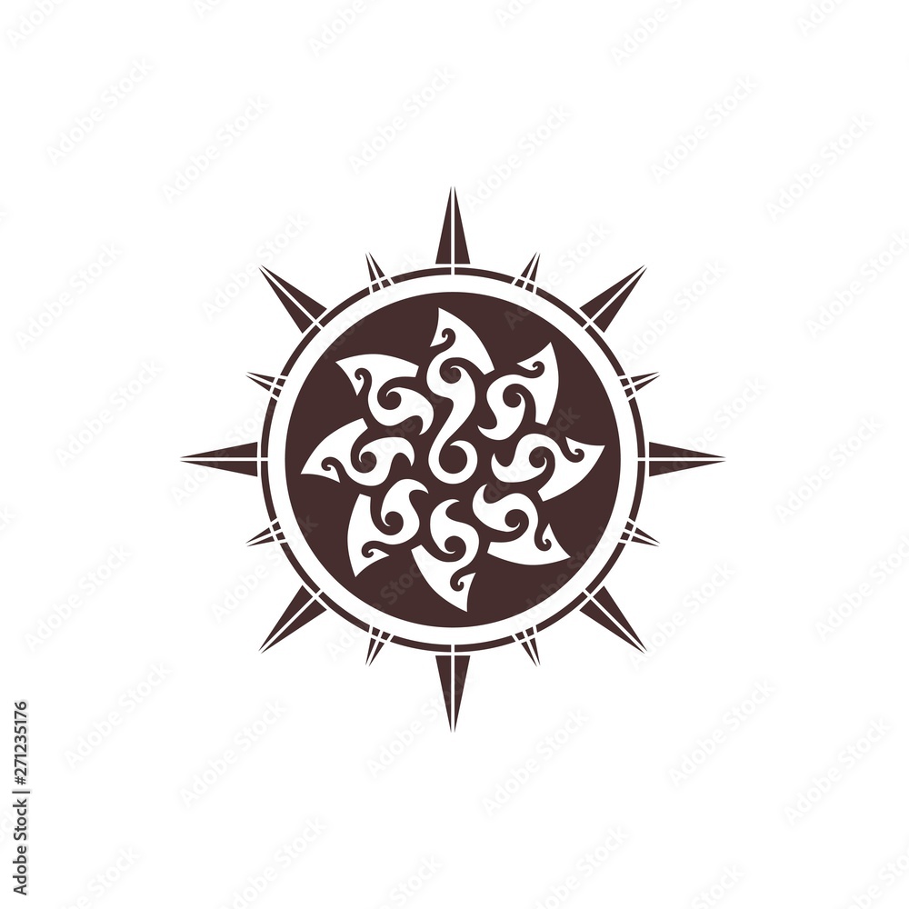 Classic tribal sun flower compass logo design - ethnic swirl decorative ornament