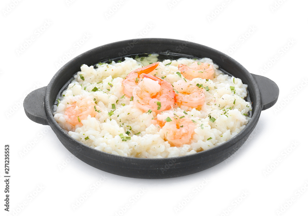 Frying pan with tasty risotto on white background Frying pan with tasty risotto on white background