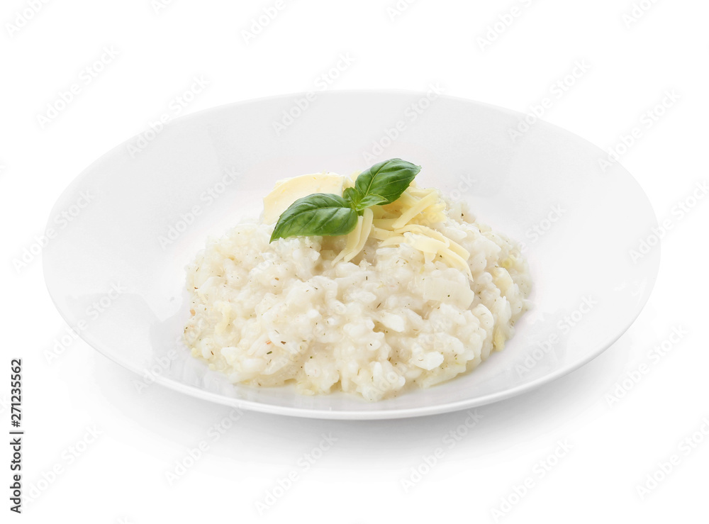 Plate with tasty risotto on white background