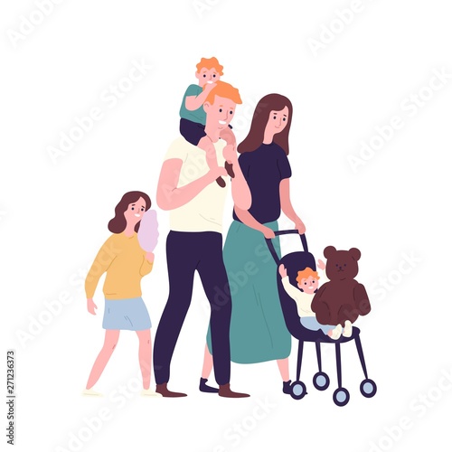 Happy family walking together. Smiling mother, father and children performing outdoor recreational activity. Cute funny cartoon characters isolated on white background. Flat vector illustration.