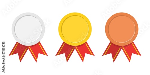 Set of three award medals - gold, silver, bronze. Winner medal with red ribbon icon. Premium badges. Championship award. Achievement, victory concept.