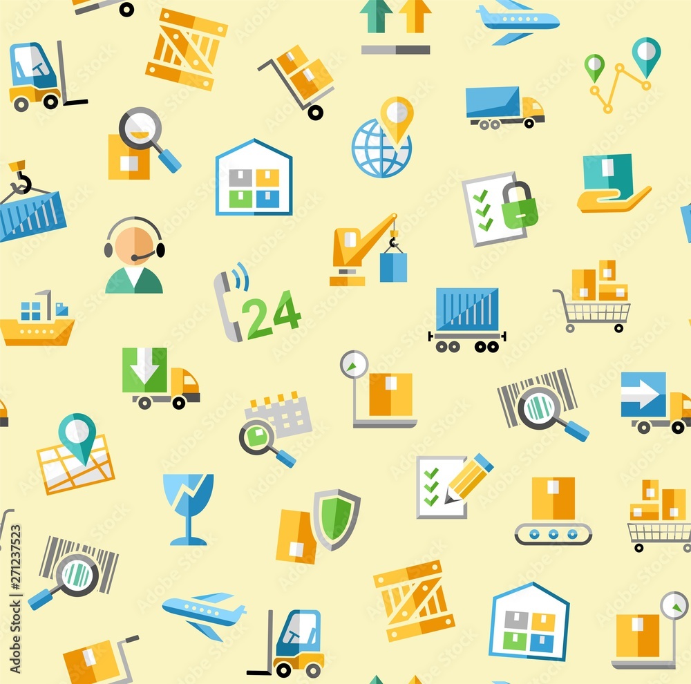 Cargo delivery, seamless pattern, icons, yellow, light, color, vector. Cargo transportation and delivery of goods. Vector flat seamless pattern. Colored icons on yellow background. Cargo delivery, seamless pattern, icons, yellow, light, color, vector. Cargo transportation and delivery of goods. Vector flat seamless pattern. Colored icons on yellow background.
