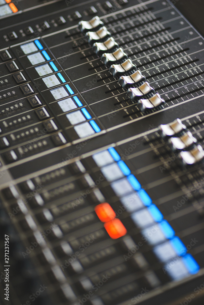 Sound equipment, large mixing console for sound producer. Sound equipment, large mixing console for sound producer.