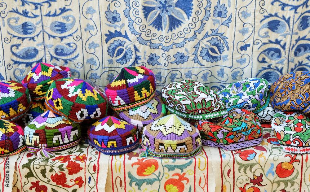 The traditional uzbek caps named tubeteika in the local market in Tashkent, Uzbekistan, Central Asia