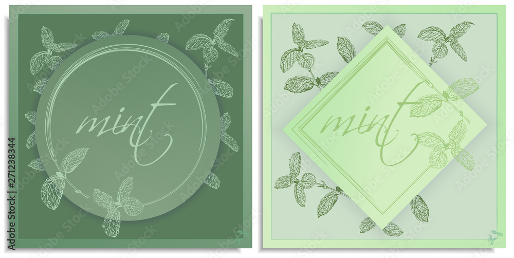 Vector set of postcards templates, invitation with hand-drawn graphics sprigs of beautiful peppermint, Gently color shades of green, little gradient. Lettering: mint, you can change it or use as it is