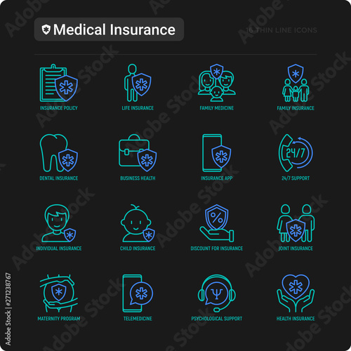 Medical insurance thin line icons set: policy, life insurance, psychological support, maternity program, 24/7 support, mobile app, telemedicine. Modern vector illustration.