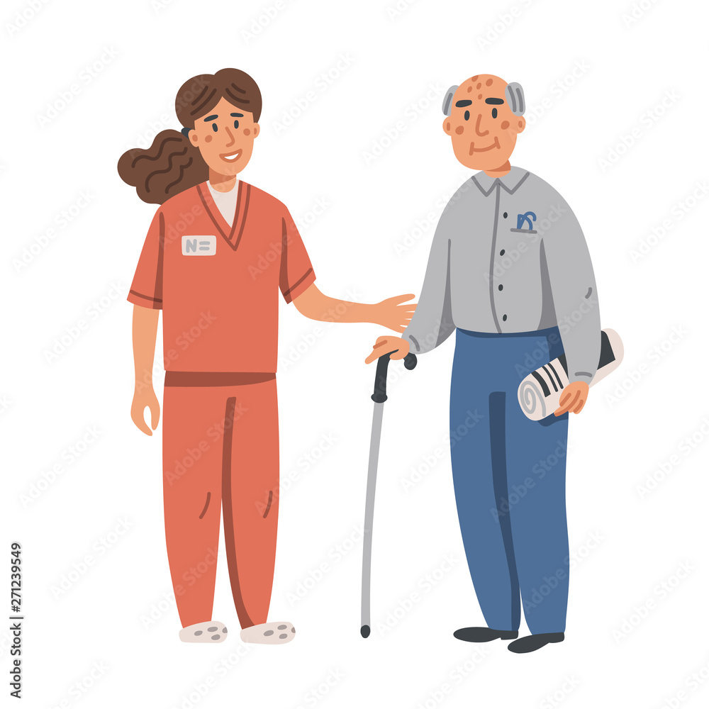 Young nurse helping and supporting elderly man. Yound woman and old man on white background. Nursing home. Senior people healthcare assistance flat Vector illustration. Young nurse helping and supporting elderly man. Yound woman and old man on white background. Nursing home. Senior people healthcare assistance flat Vector illustration.