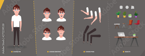 Cartoon character animation set, emotions faces, hands and foots set for your motion design. Isolated objects - office furniture and interior in cartoon style vector illustration