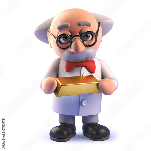 Cartoon mad scientist in 3d holding a gold bullion ingot