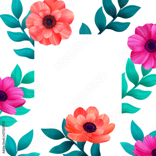 Floral frame. Tropical flowers trendy template. Vertical Design with beautifu...