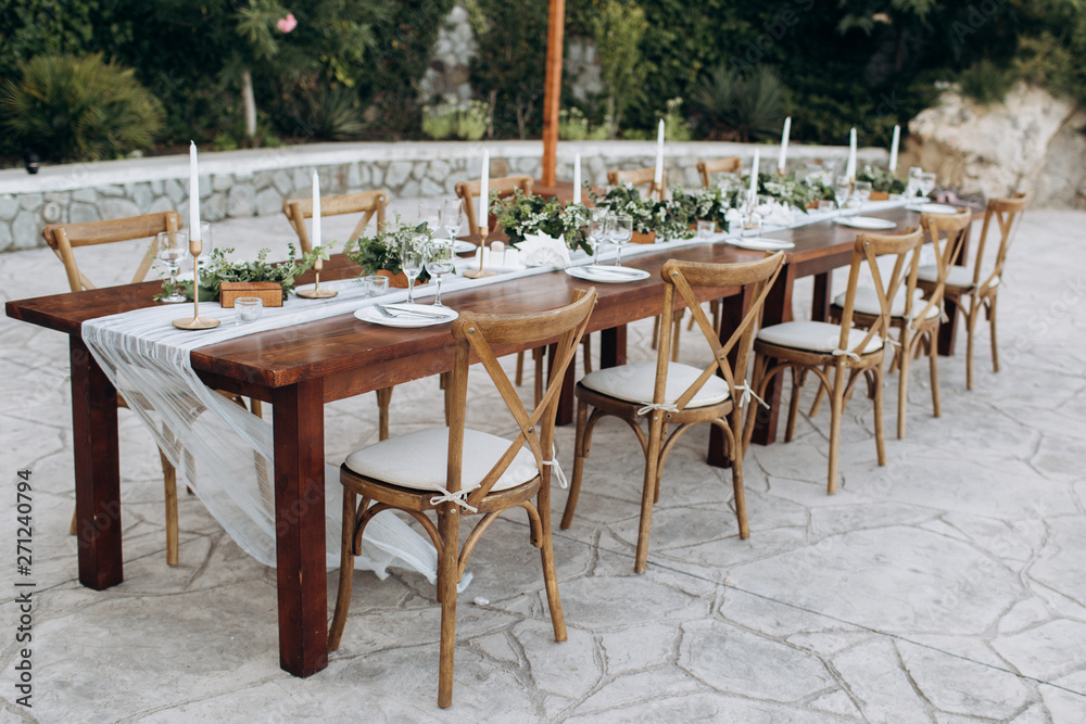 Eco-friendly, wedding decor. Wooden table newlyweds for a party.