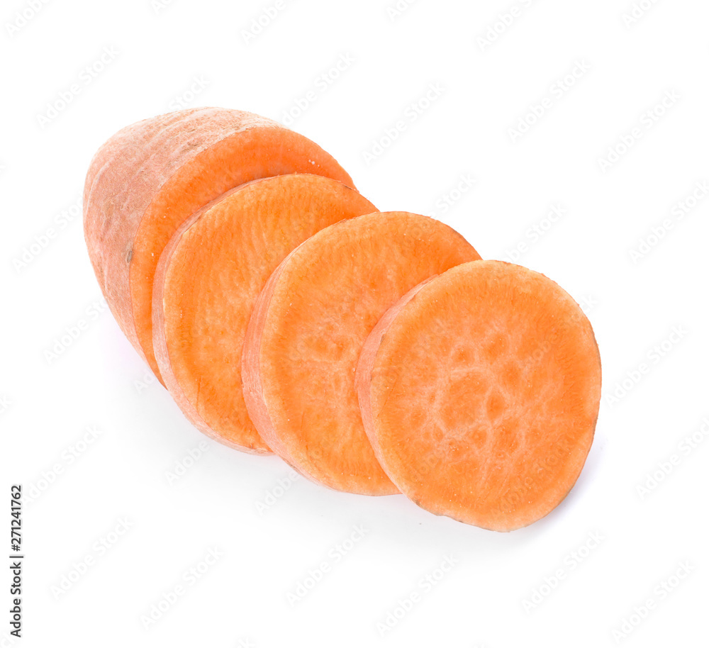 Raw cut sweet potato on white background