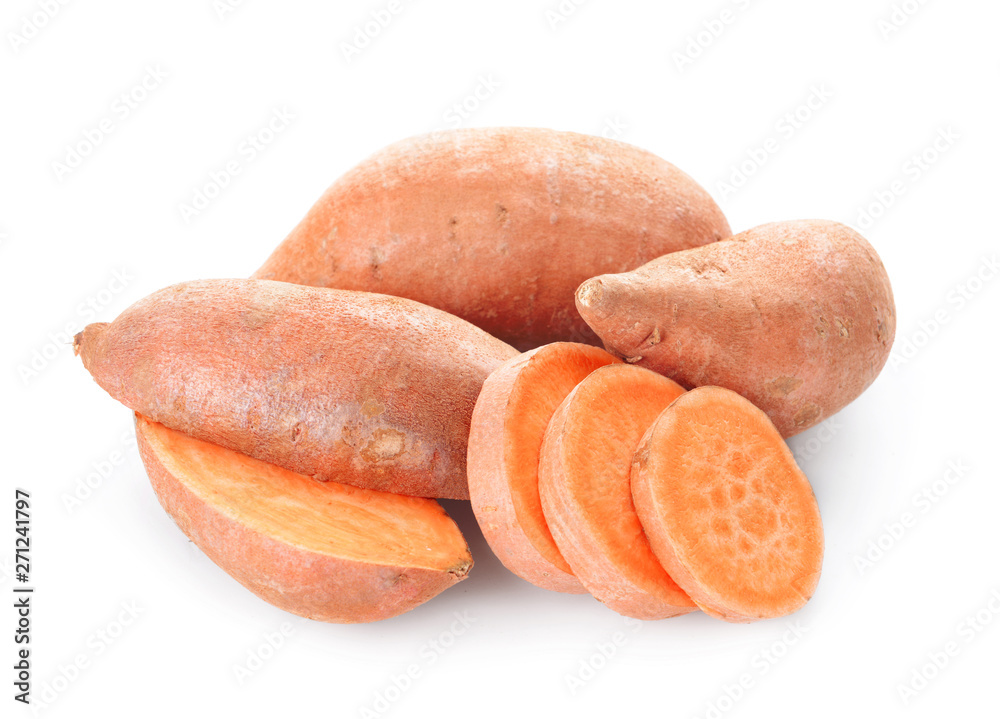 Fresh sweet potatoes on white background Fresh sweet potatoes on white background
