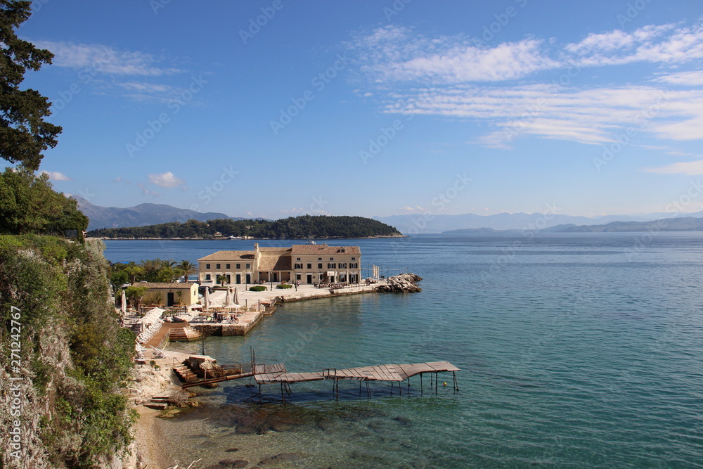 Scenic View Over Lonian Sea  With Small Harbor And Island  Sunny Days In Summer. Corfu Greece