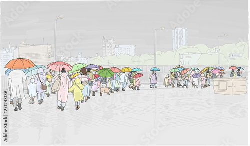 Hand drawn illustration. A line of people, children and adults, carry umbrellas as they walk along the street in the rain.