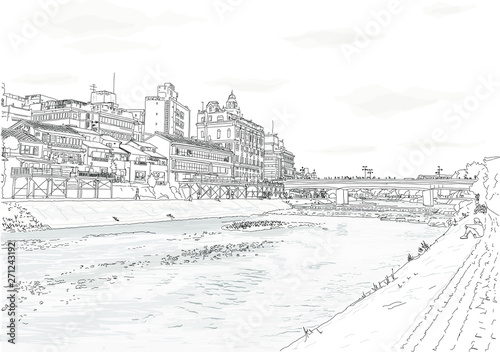 Hand drawn illustration. Kyoto downtown, scenic landscape view, with people walking along the Kamo river.