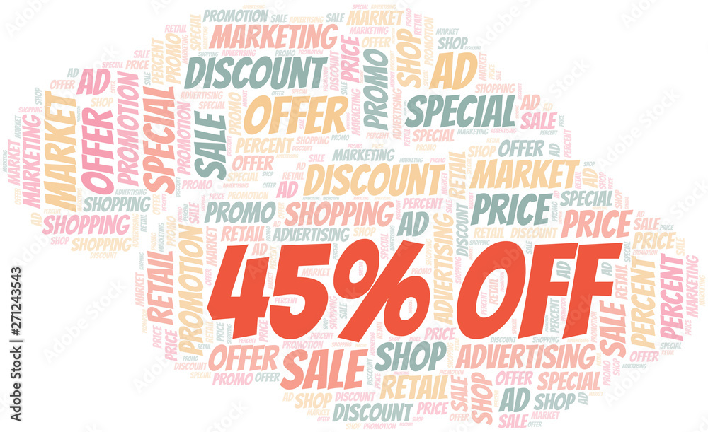 45% Off word cloud. Wordcloud made with text only. 45% Off word cloud. Wordcloud made with text only.
