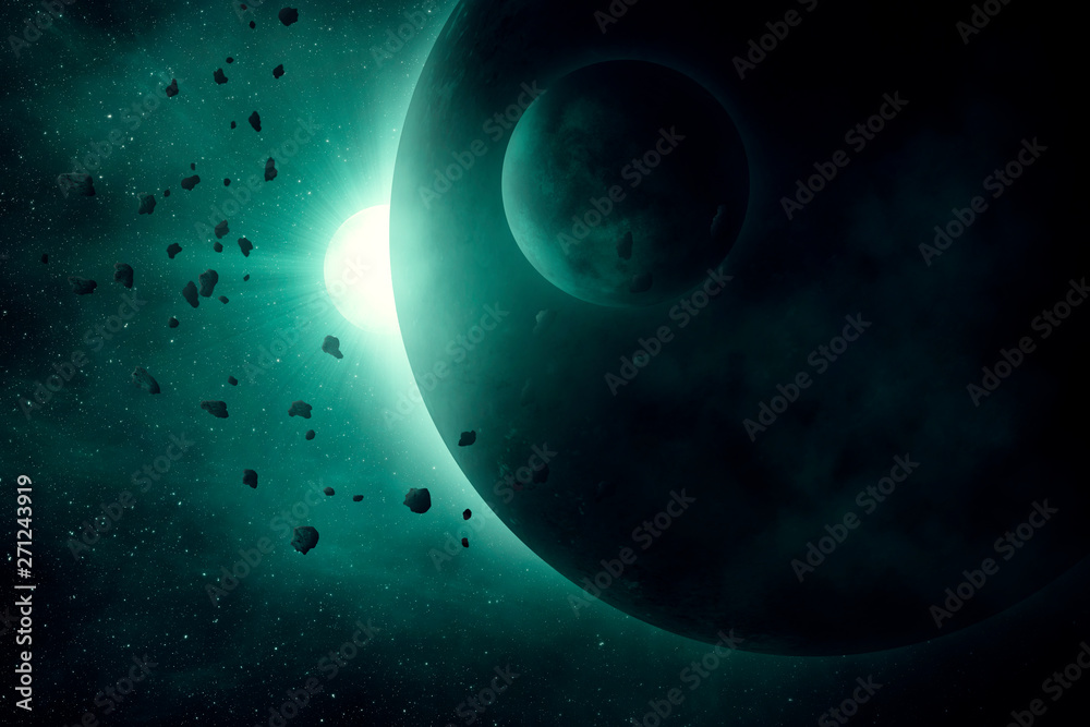 Obraz premium planets in space with bright star light and asteroid field space illustration