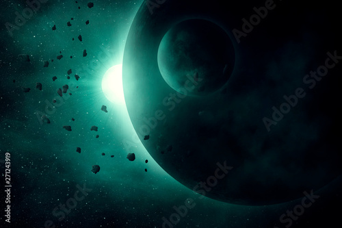 planets in space with bright star light and asteroid field space illustration © andreiuc88
