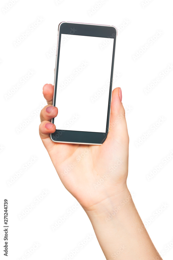 Woman holding black modern smart phone with isolated screen for app or web site presentation Woman holding black modern smart phone with isolated screen for app or web site presentation