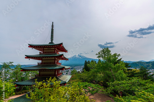 Beautiful Fuji Mountain, Fujisan volcano at Kitaguchi Hongu Fuji Sengen Jinja Shrine, temple Japan