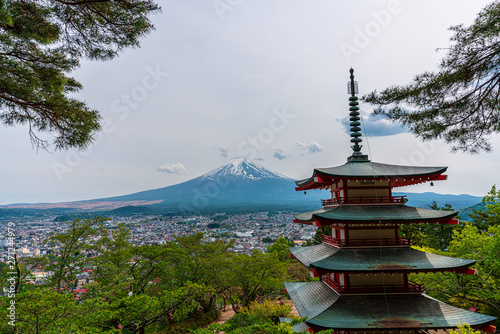 Beautiful Fuji Mountain  Fujisan volcano at Kitaguchi Hongu Fuji Sengen Jinja Shrine  temple Japan