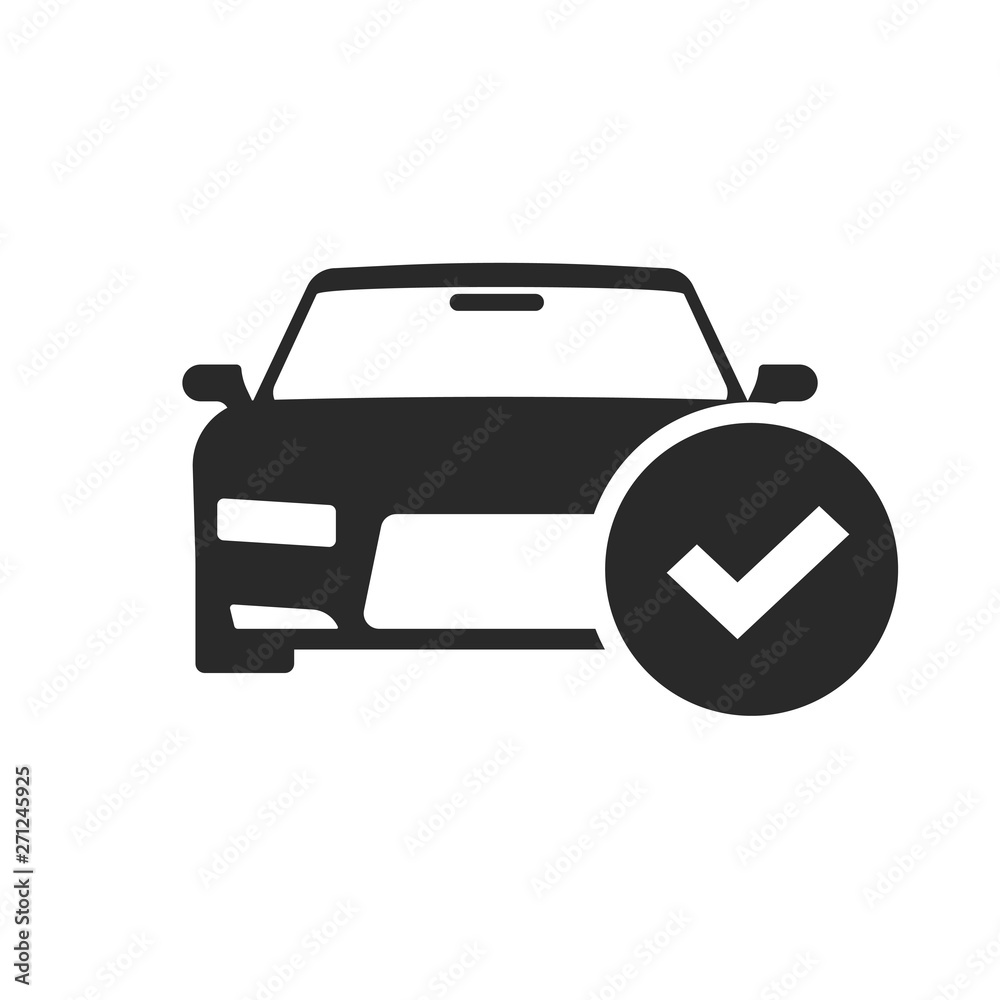 Automobile with check mark icon vector, black and white car shape with